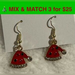 CE17 - Blingy Sparkly Santa Claus Hat Earrings, Gold-tone, Red, Multi